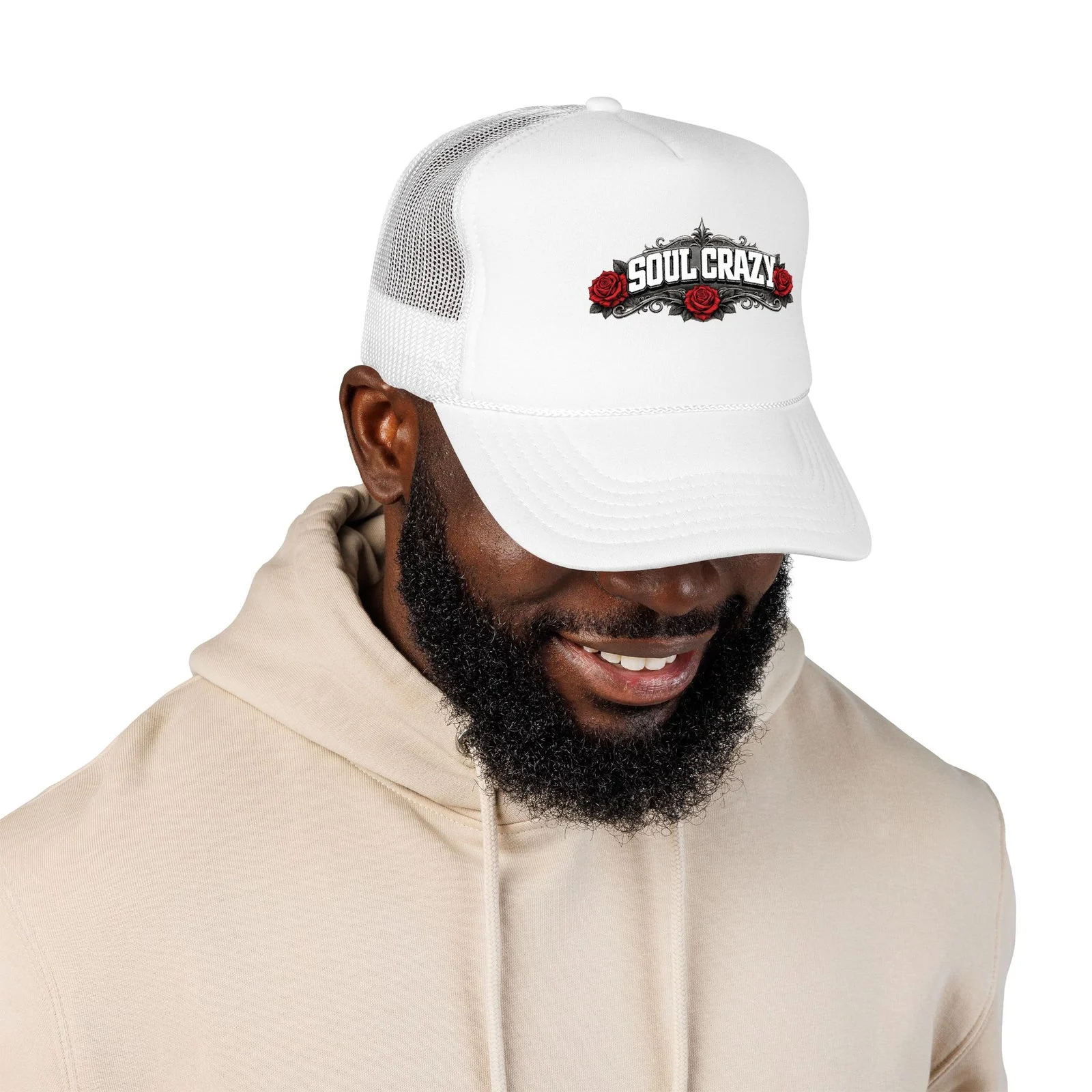 Chico con la gorra trucker Retro Rose blanca