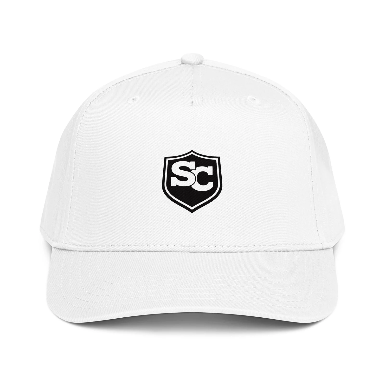 Gorra blanca de 5 paneles con el escudo SC negro, vista frontal