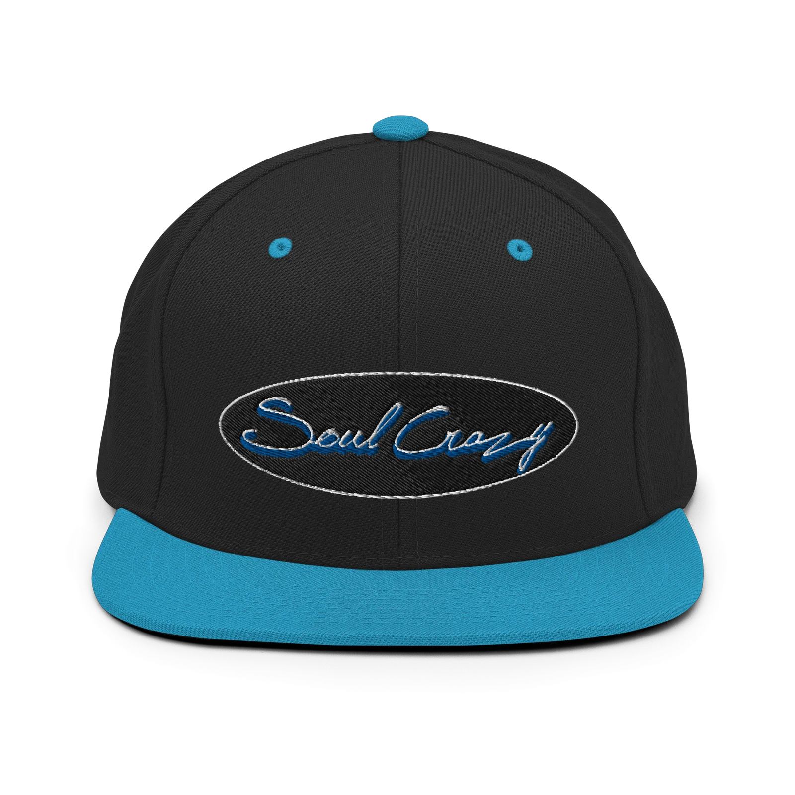 Gorra snapback negra con visera turquesa y el logo Soul Crazy bordado en 3D