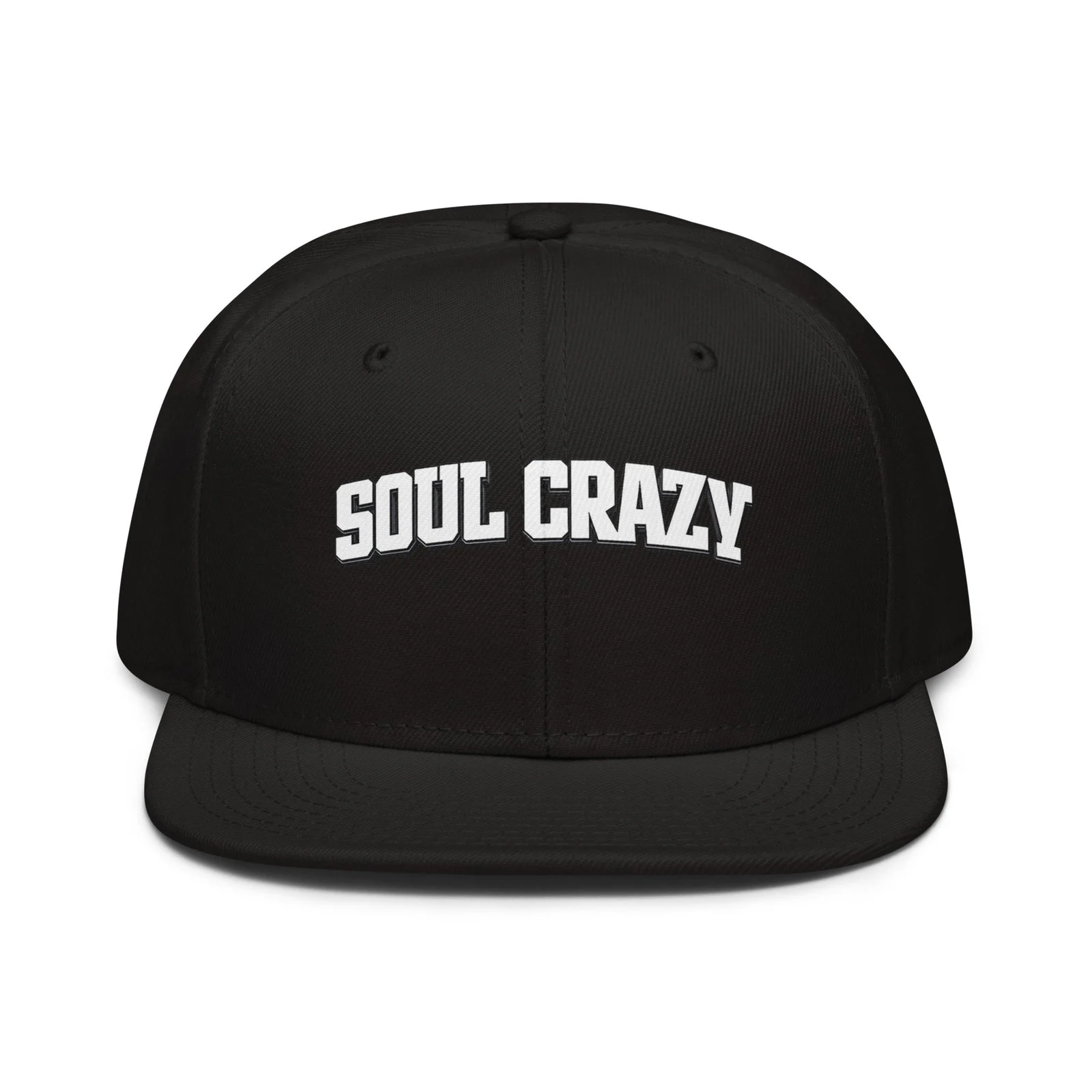 Gorra snapback negra con las letras Soul Crazy bordadas en blanco, vista frontal
