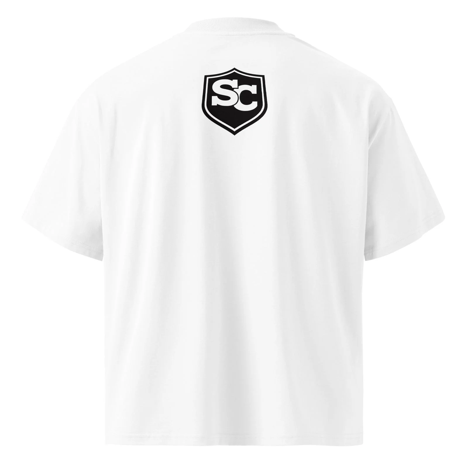 Camiseta oversize orgánica blanca con el escudo SC, vista frontal
