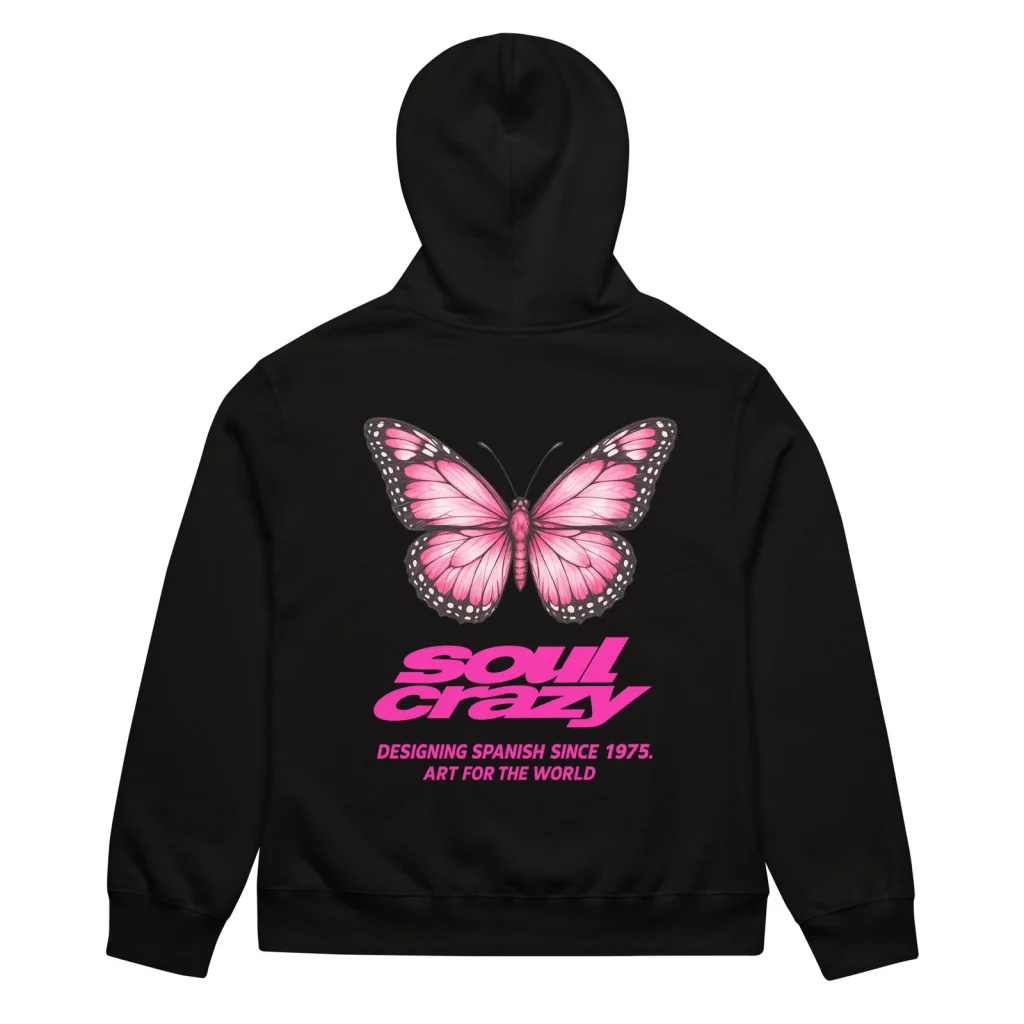 Sudadera oversize negra con mariposa rosa y logo Soul Crazy en la espalda