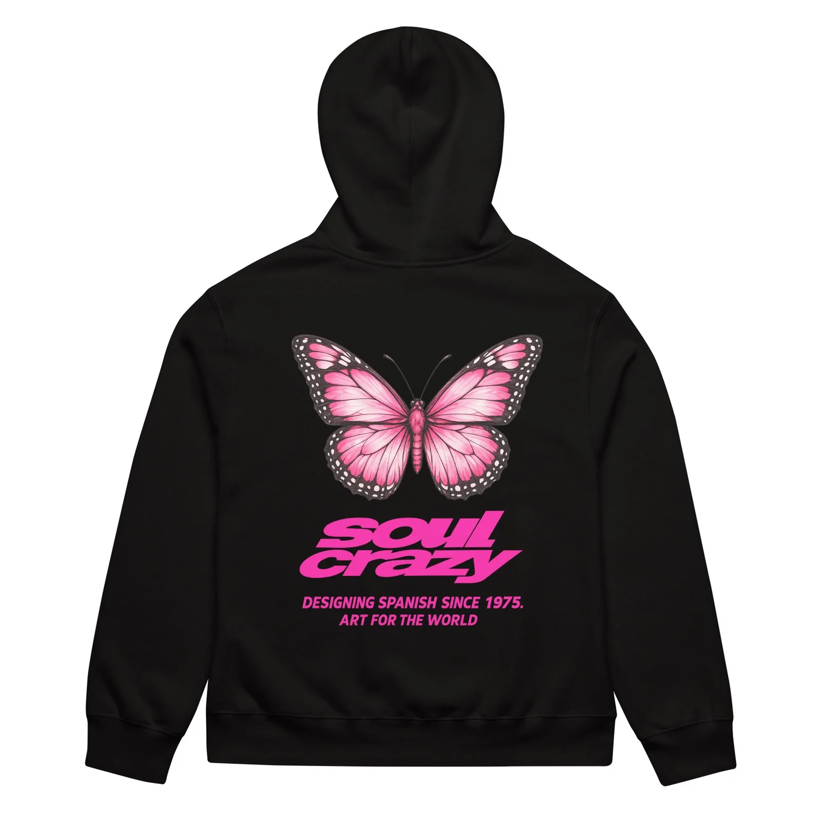 Sudadera oversize negra con mariposa rosa y logo Soul Crazy en la espalda