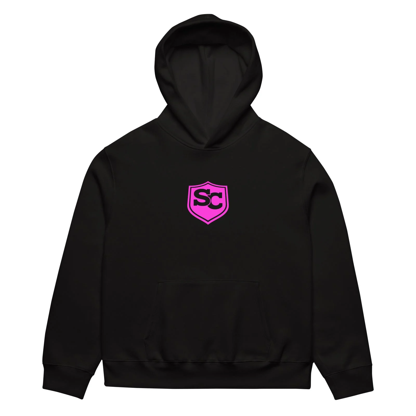Sudadera oversize negra con el escudo SC rosa, vista frontal