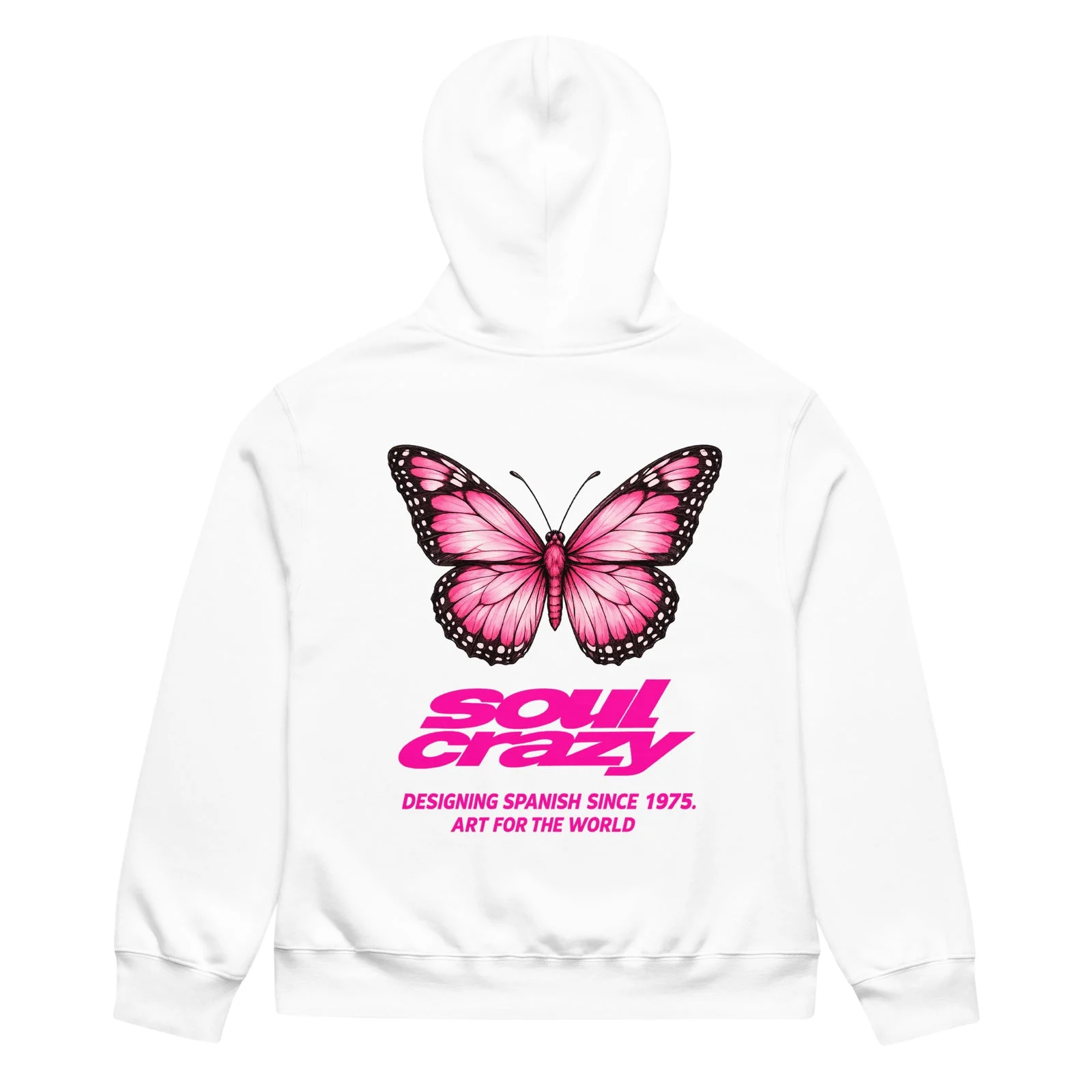 Sudadera oversize blanca con mariposa rosa y logo Soul Crazy en la espalda