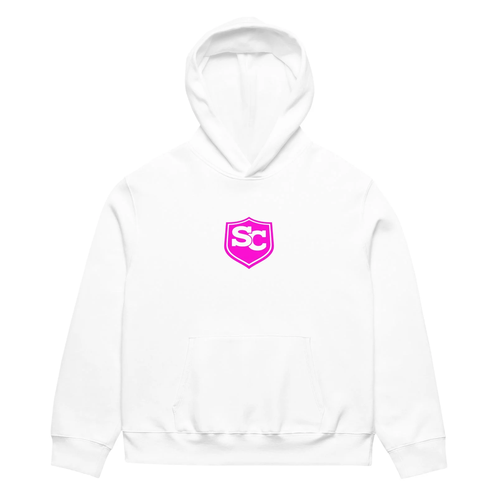 Sudadera oversize blanca con el escudo SC rosa, vista frontal