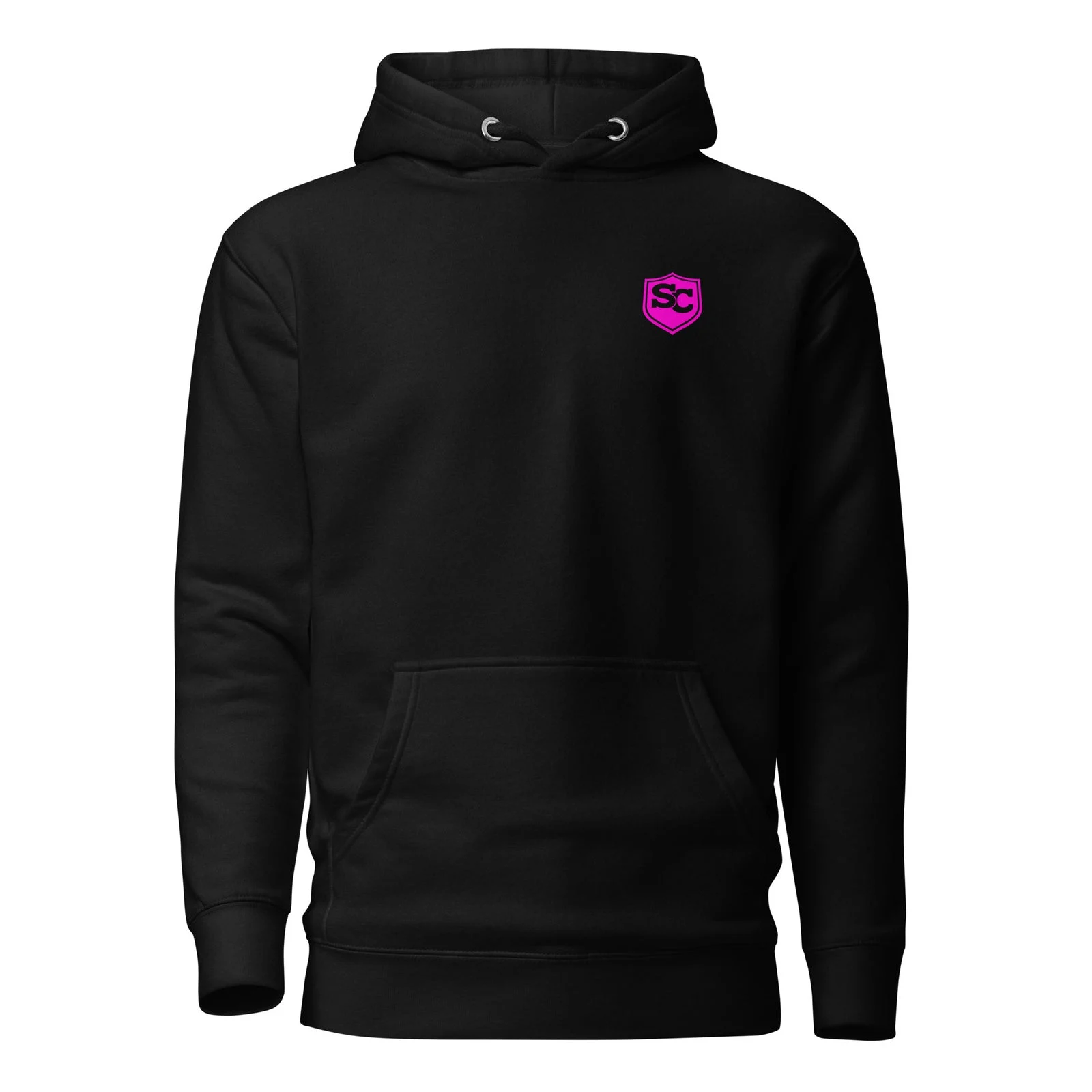Sudadera Candy negra con el escudo SC rosa, vista frontal