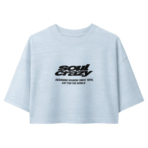 Camiseta crop azul denim lavado con el logo Soul Crazy, vista frontal