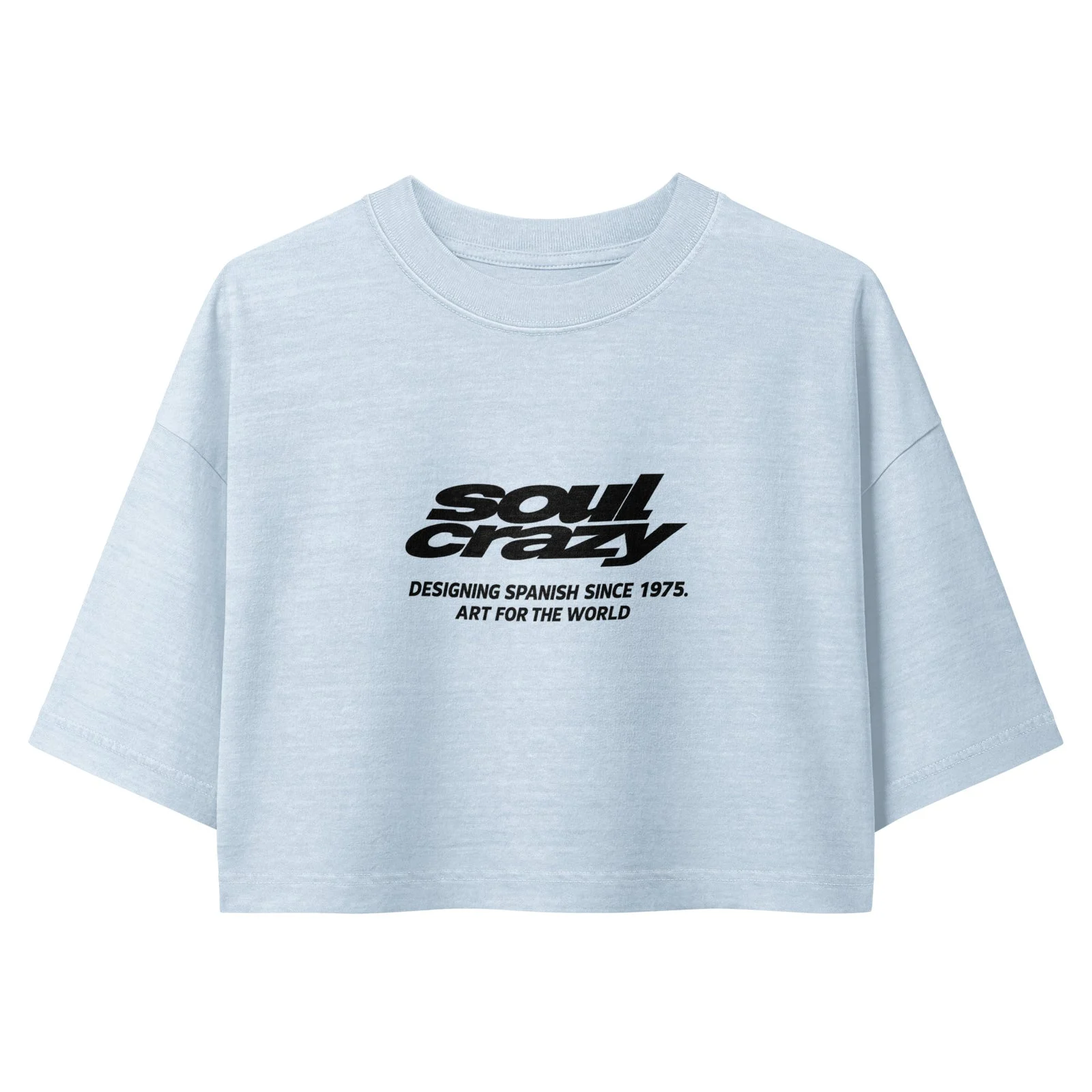 Camiseta crop azul denim lavado con el logo Soul Crazy, vista frontal